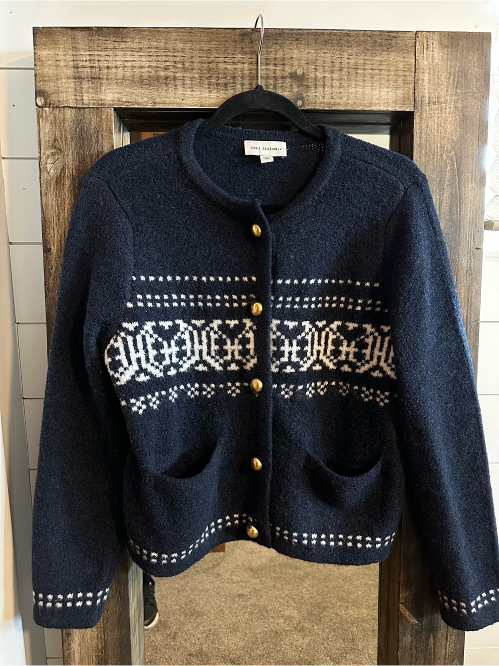 Free Assembly Navy Fair Isle Knit Cardigan Sweater Gold Button M Cozy layering